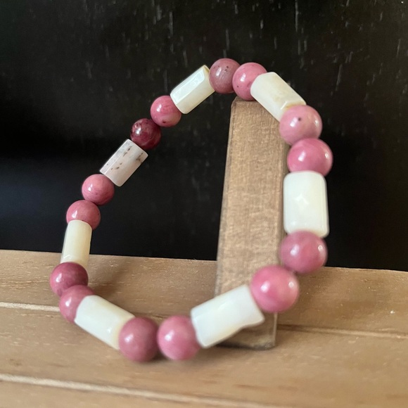 Pink Opal With Rhodonite Natural Stone Crystal 8mm Beaded Stretch Bracelet - Picture 1 of 5